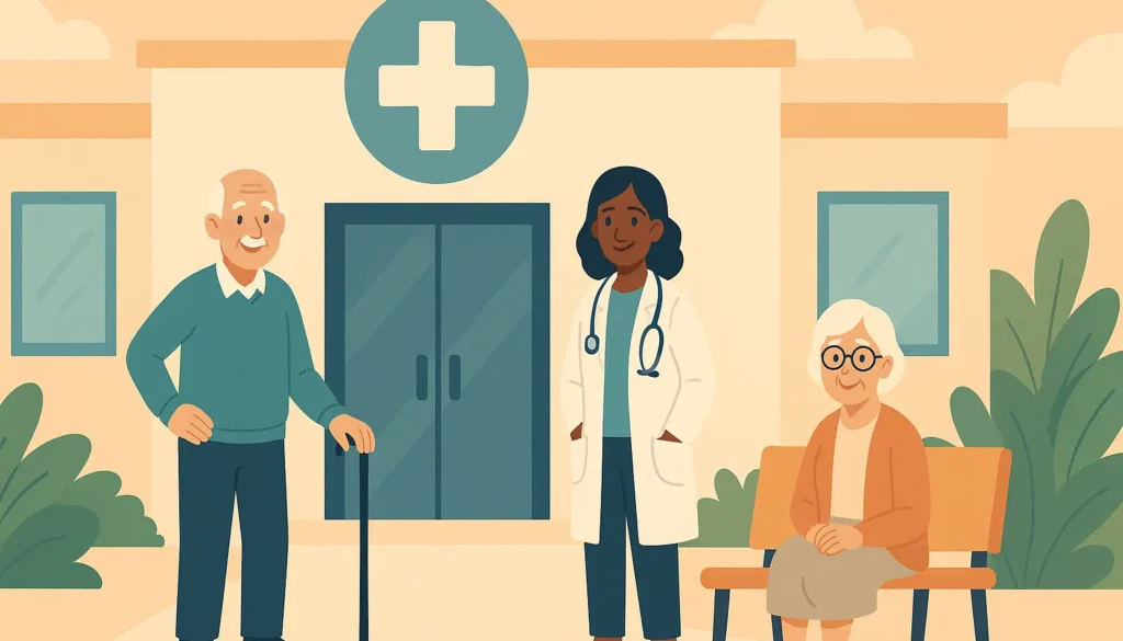 Illustration of seniors outside a community health center with a doctor, featuring an elderly man with a cane, a seated elderly woman, and a healthcare professional standing in front of the building.