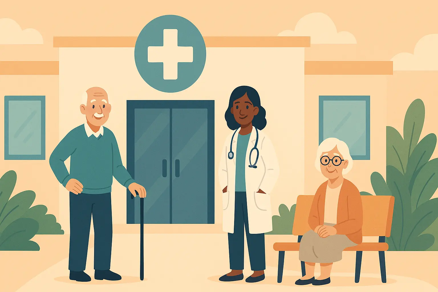 Illustration of seniors outside a community health center with a doctor, featuring an elderly man with a cane, a seated elderly woman, and a healthcare professional standing in front of the building.