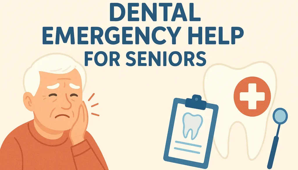 Illustration of an elderly man holding his cheek in dental pain next to a large tooth with a medical cross symbol and a dental clipboard, with the title ‘Dental Emergency Help for Seniors.