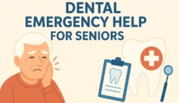 Illustration of an elderly man holding his cheek in dental pain next to a large tooth with a medical cross symbol and a dental clipboard, with the title ‘Dental Emergency Help for Seniors.