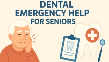 Illustration of an elderly man holding his cheek in dental pain next to a large tooth with a medical cross symbol and a dental clipboard, with the title ‘Dental Emergency Help for Seniors.