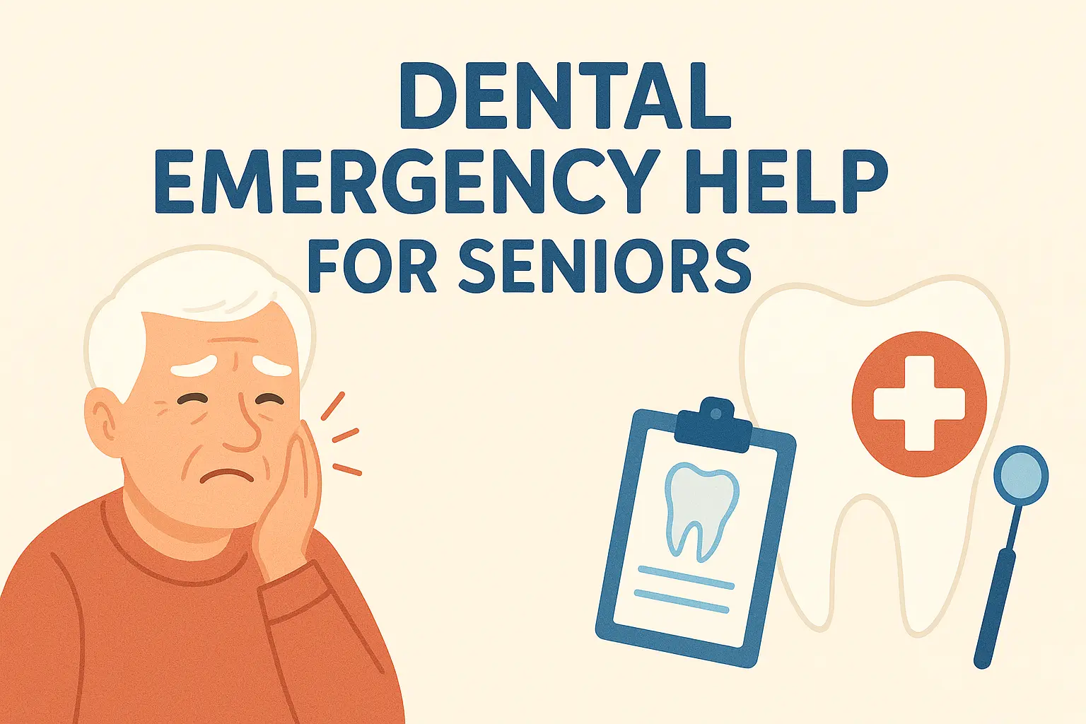 Illustration of an elderly man holding his cheek in dental pain next to a large tooth with a medical cross symbol and a dental clipboard, with the title ‘Dental Emergency Help for Seniors.