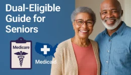 Smiling senior couple standing together beside Medicare and Medicaid icons, with the text ‘Dual-Eligible Guide for Seniors’ on a blue banner background.
