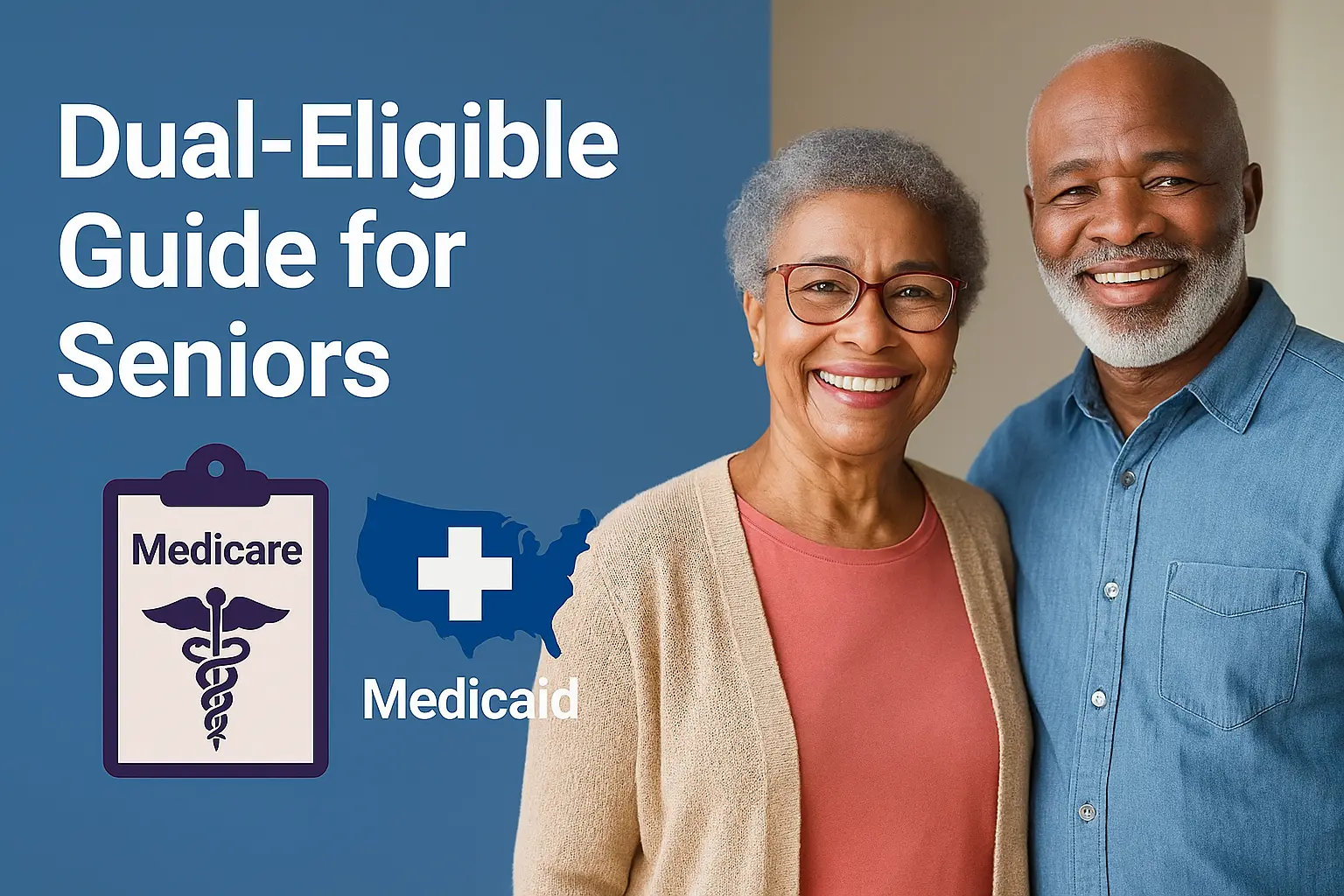 Smiling senior couple standing together beside Medicare and Medicaid icons, with the text ‘Dual-Eligible Guide for Seniors’ on a blue banner background.