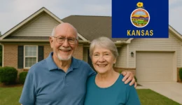 Smiling white senior couple standing arm in arm in front of a beige suburban house, with the Kansas state flag graphic in the upper right corner.