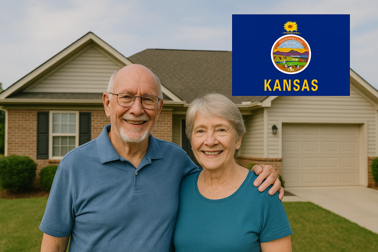 Smiling white senior couple standing arm in arm in front of a beige suburban house, with the Kansas state flag graphic in the upper right corner.