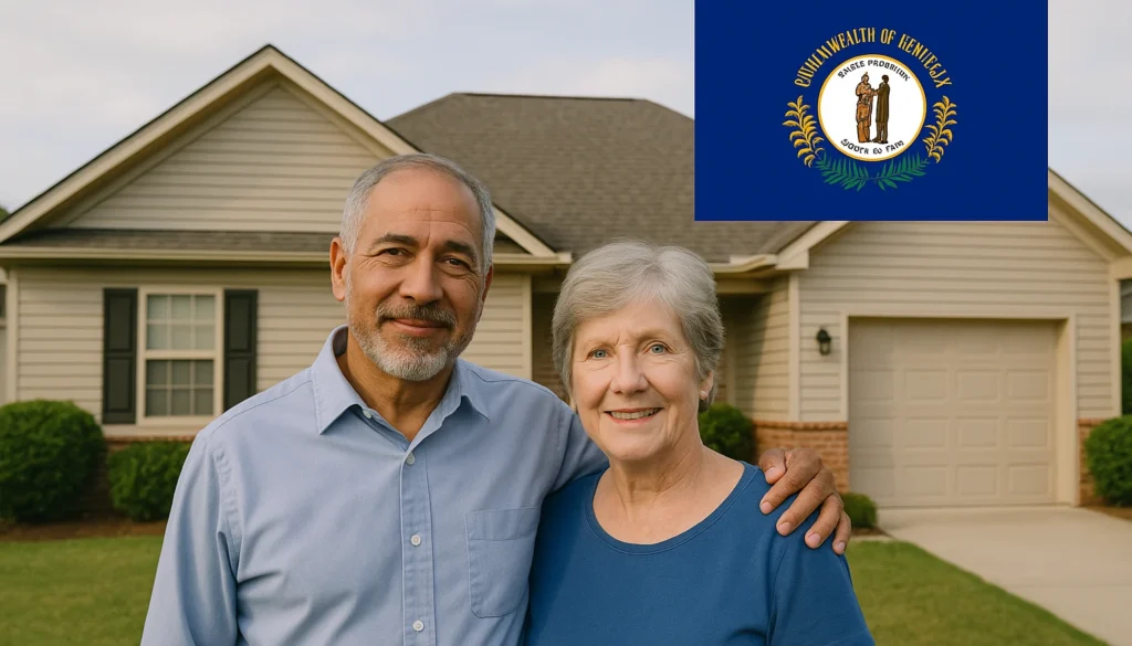 Smiling senior couple standing arm in arm in front of a beige suburban house, with the Kentucky state flag graphic in the upper right corner.