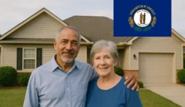 Smiling senior couple standing arm in arm in front of a beige suburban house, with the Kentucky state flag graphic in the upper right corner.