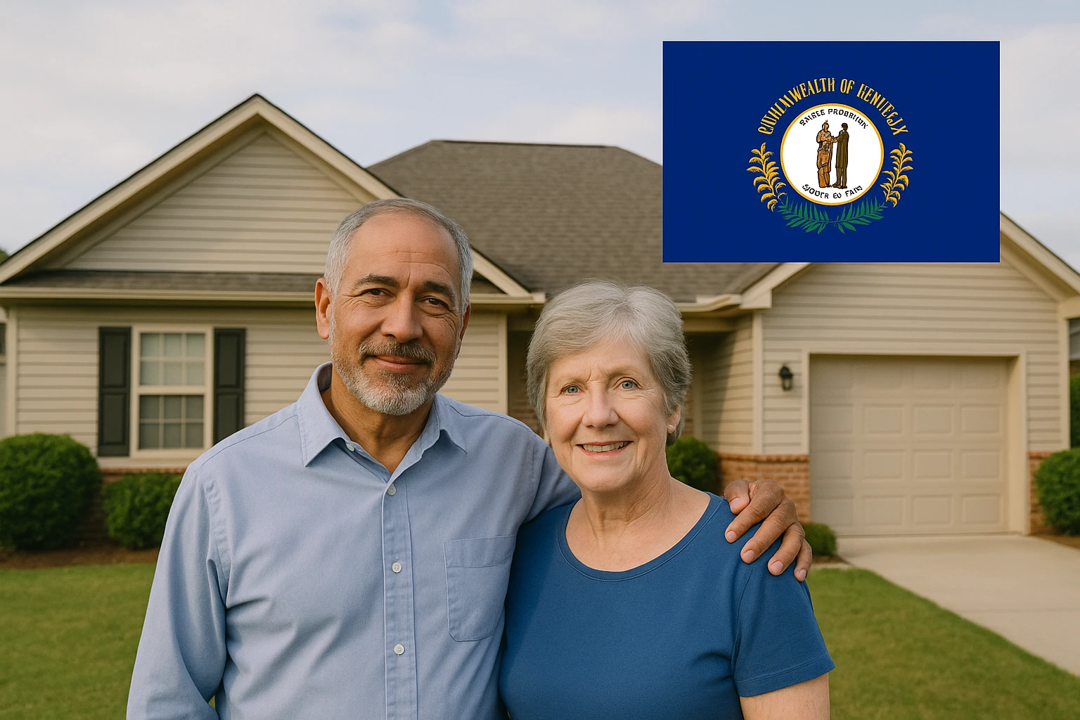 Smiling senior couple standing arm in arm in front of a beige suburban house, with the Kentucky state flag graphic in the upper right corner.