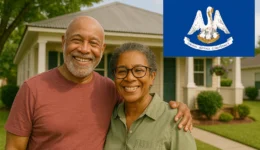 Smiling African American senior couple standing arm in arm in front of a beige Southern-style house, with the Louisiana state flag shown in the upper right corner.