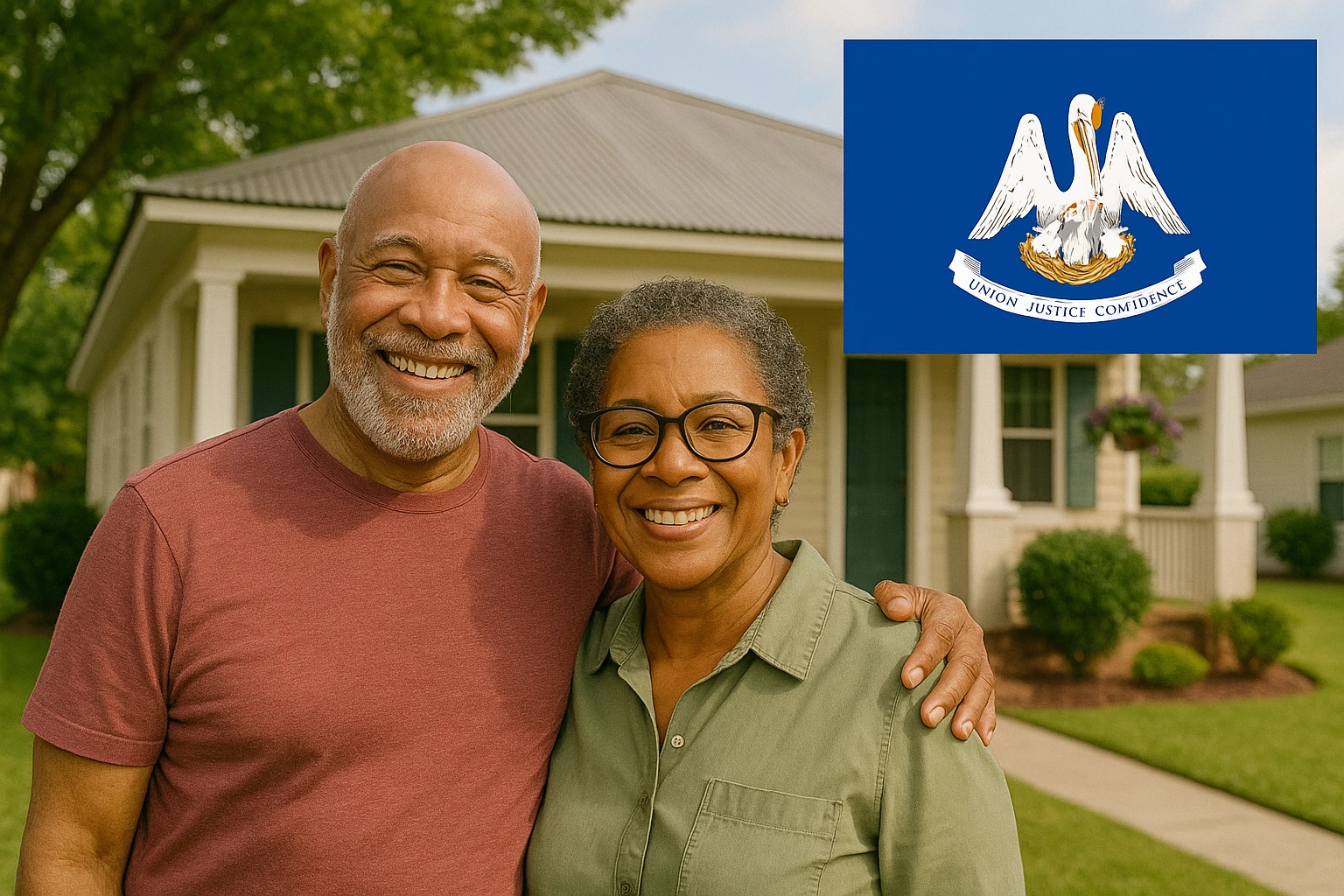 Smiling African American senior couple standing arm in arm in front of a beige Southern-style house, with the Louisiana state flag shown in the upper right corner.