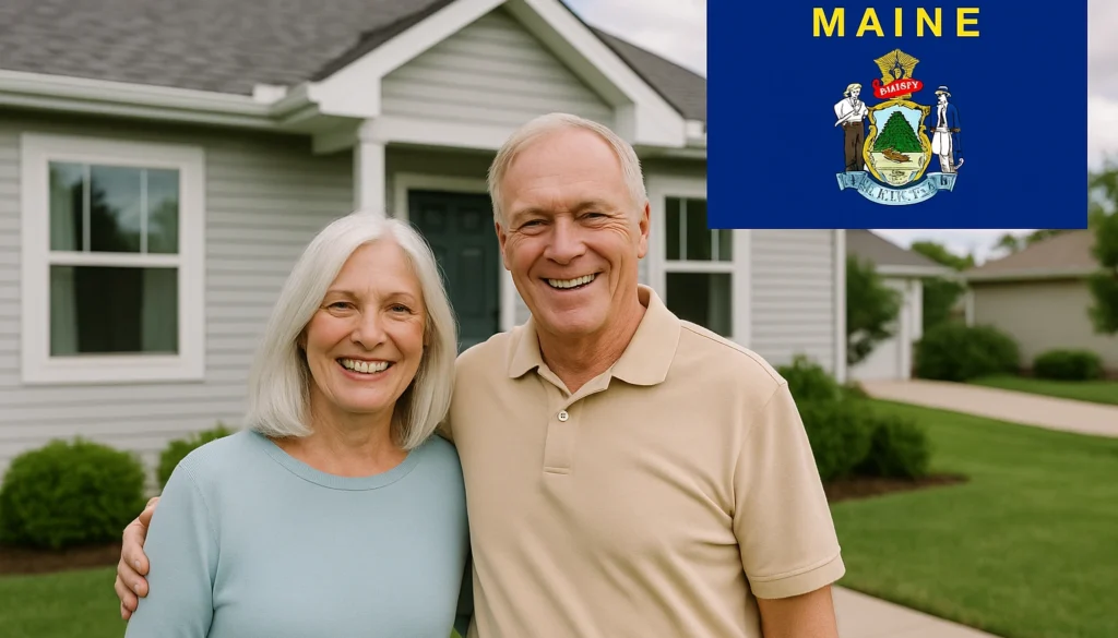 Smiling white senior couple standing arm in arm in front of a light gray single-story house, with the Maine state flag graphic in the upper right corner.