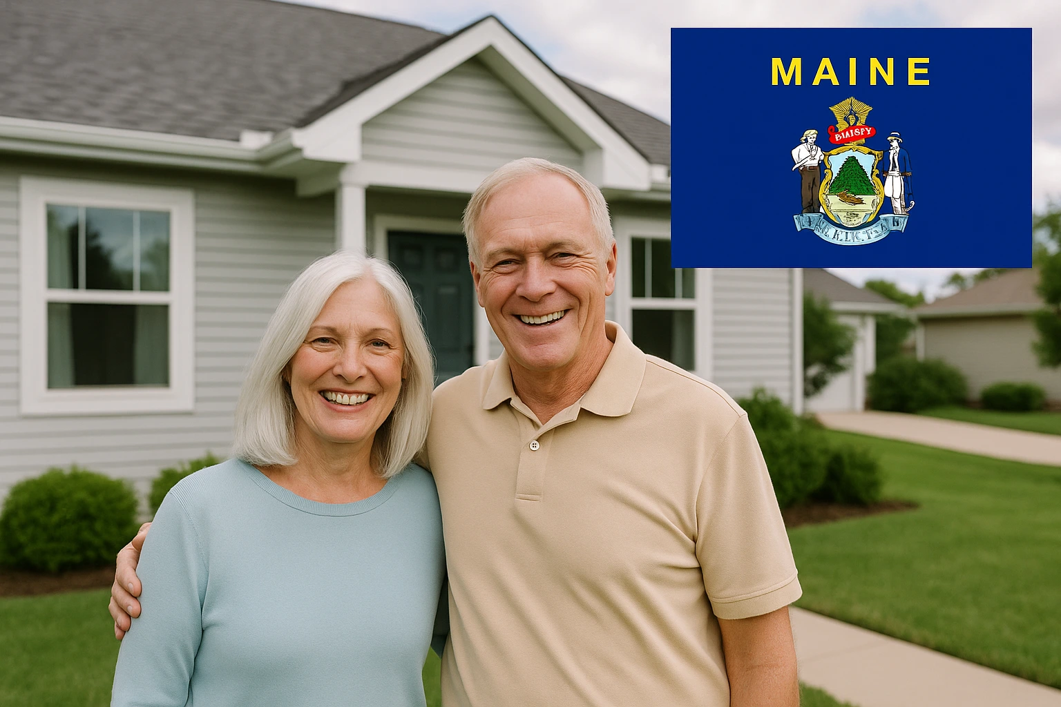 Smiling white senior couple standing arm in arm in front of a light gray single-story house, with the Maine state flag graphic in the upper right corner.