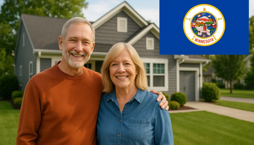 Smiling white senior couple standing arm in arm in front of a gray suburban house, with the Minnesota state flag graphic in the upper right corner.