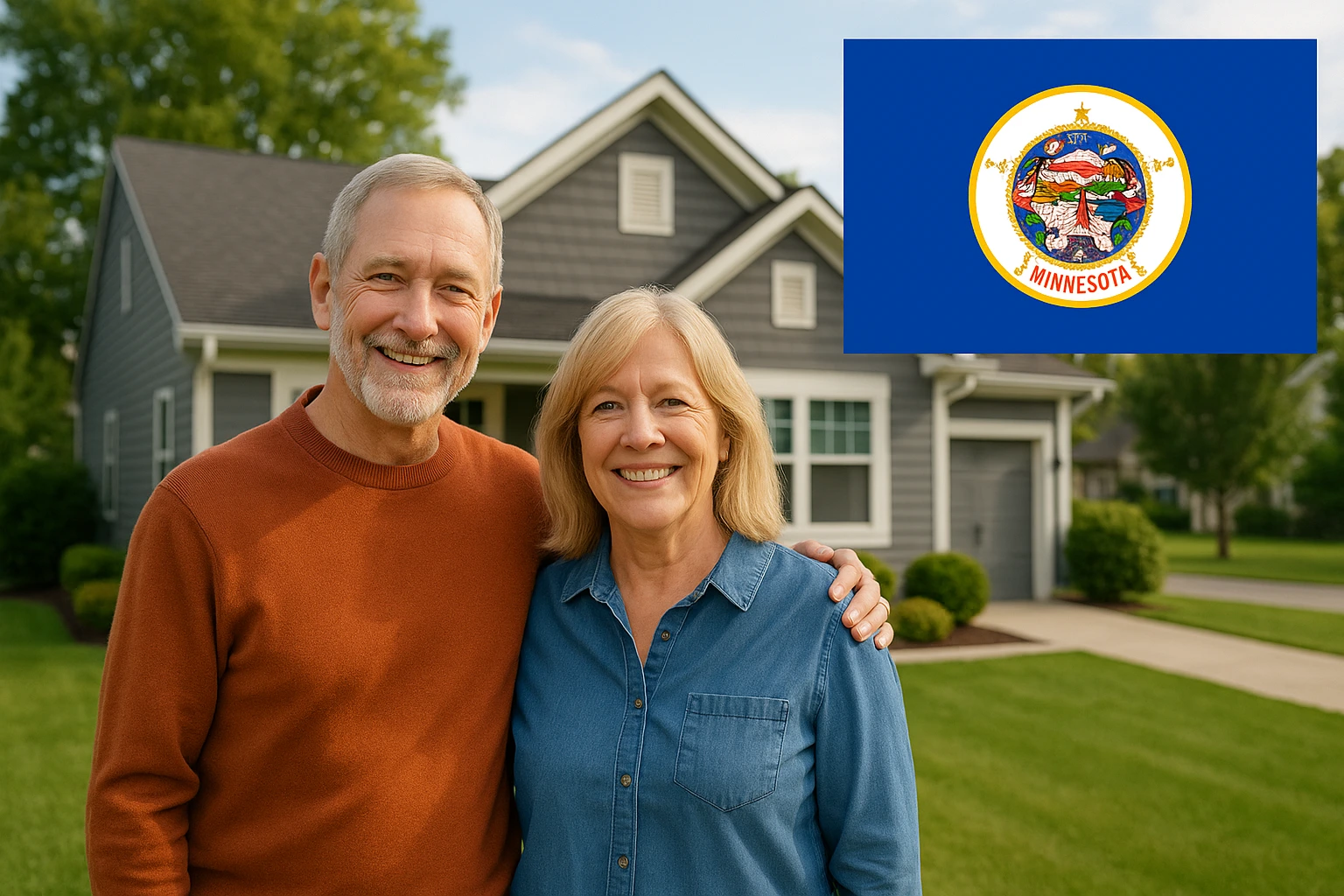 Smiling white senior couple standing arm in arm in front of a gray suburban house, with the Minnesota state flag graphic in the upper right corner.
