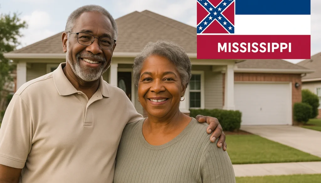 Smiling African American senior couple standing arm in arm in front of a suburban house, with the Mississippi state flag graphic in the upper right corner.