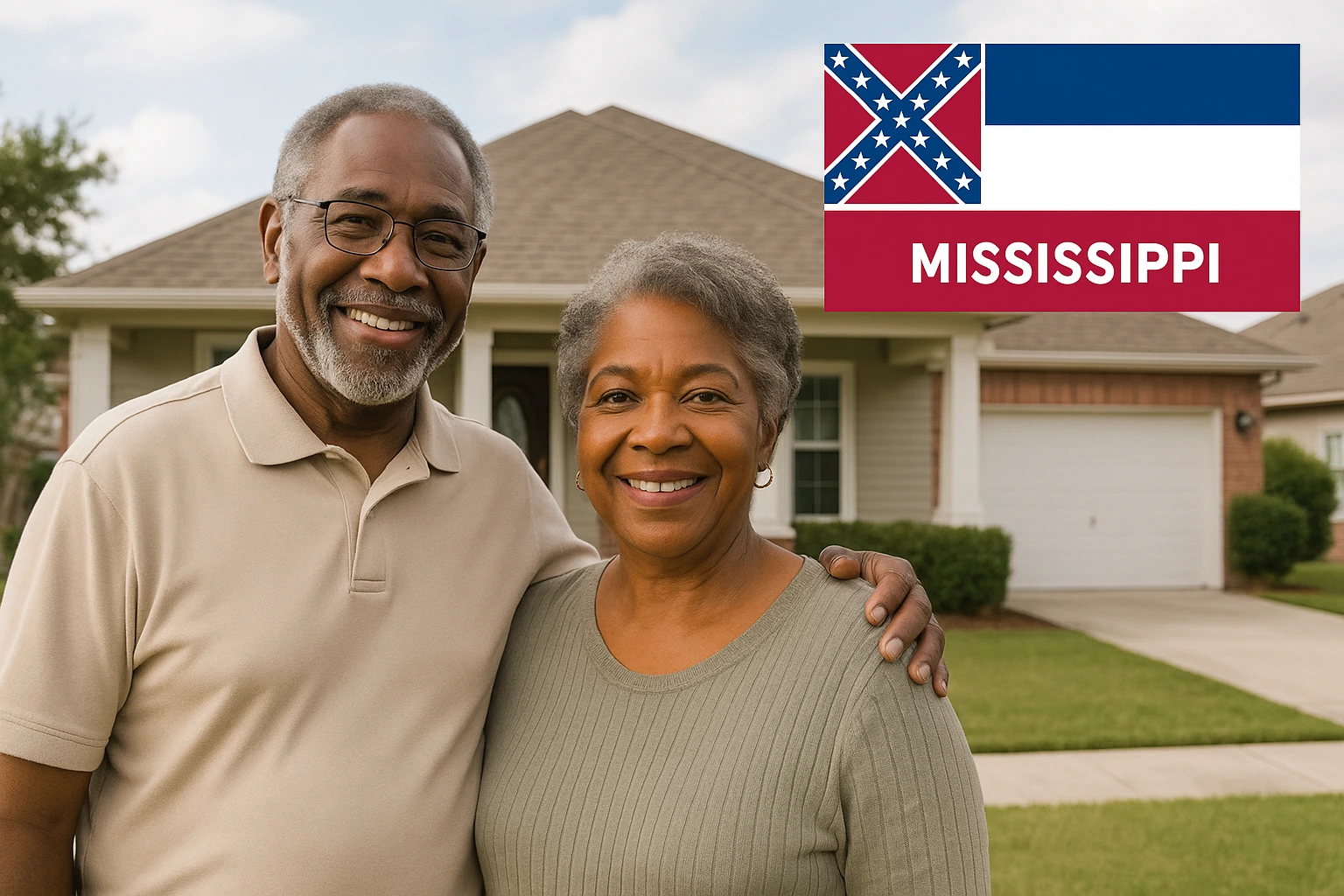 Smiling African American senior couple standing arm in arm in front of a suburban house, with the Mississippi state flag graphic in the upper right corner.