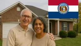 Smiling older mixed-race couple standing in front of a red-brick suburban house, with the Missouri state flag shown in the upper right corner.