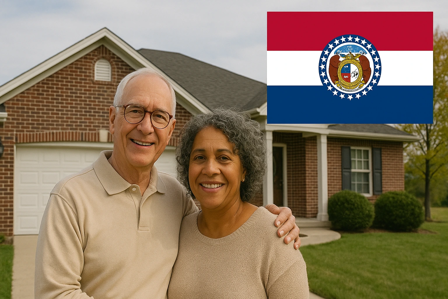 Smiling older mixed-race couple standing in front of a red-brick suburban house, with the Missouri state flag shown in the upper right corner.