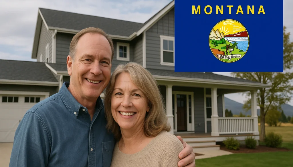 Smiling middle-aged white couple standing in front of a gray farmhouse-style home, with a Montana state flag graphic in the upper right corner.