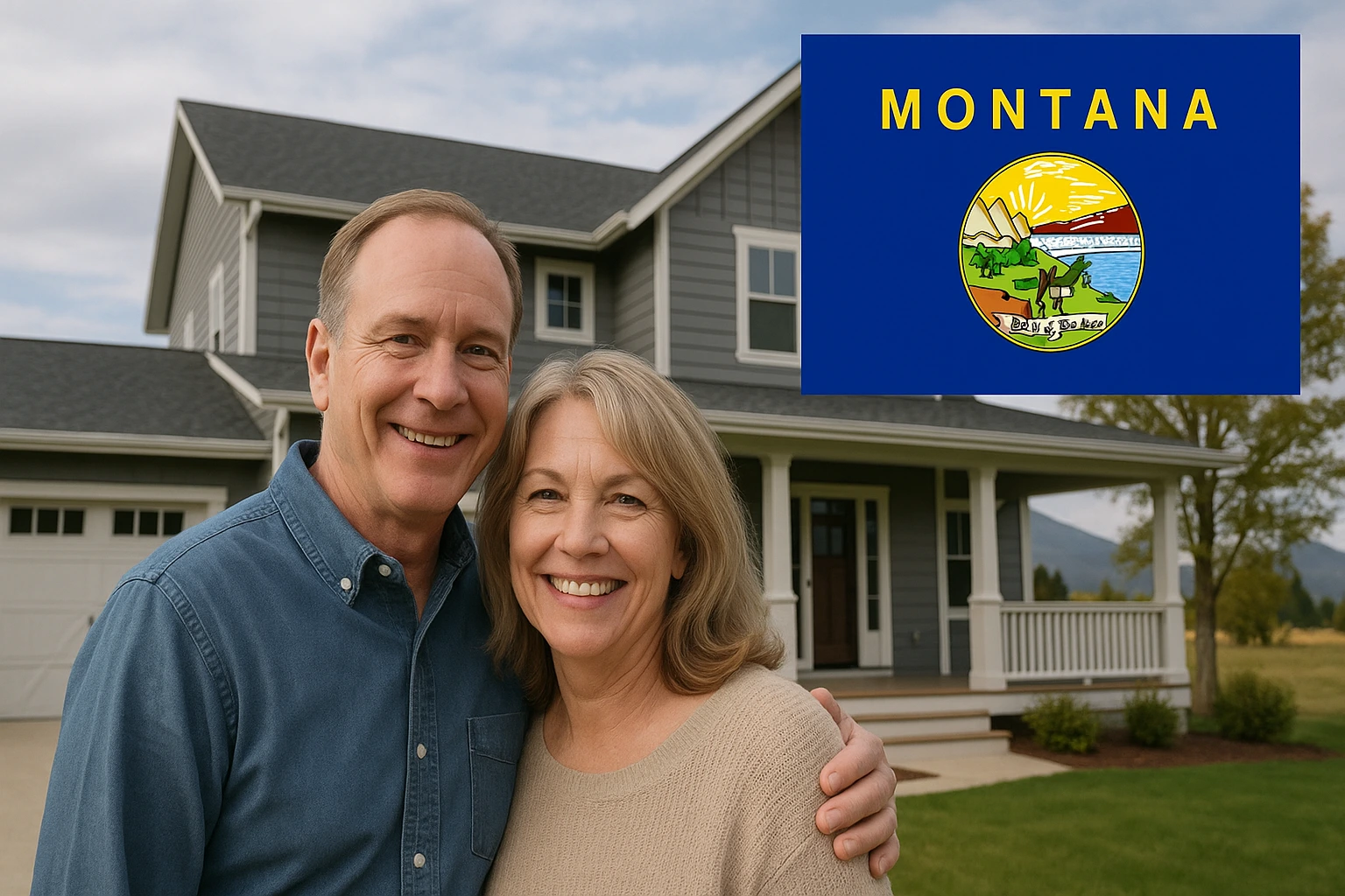 Smiling middle-aged white couple standing in front of a gray farmhouse-style home, with a Montana state flag graphic in the upper right corner.