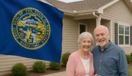Smiling older white couple standing in front of a beige suburban house with the Nebraska state flag beside them.