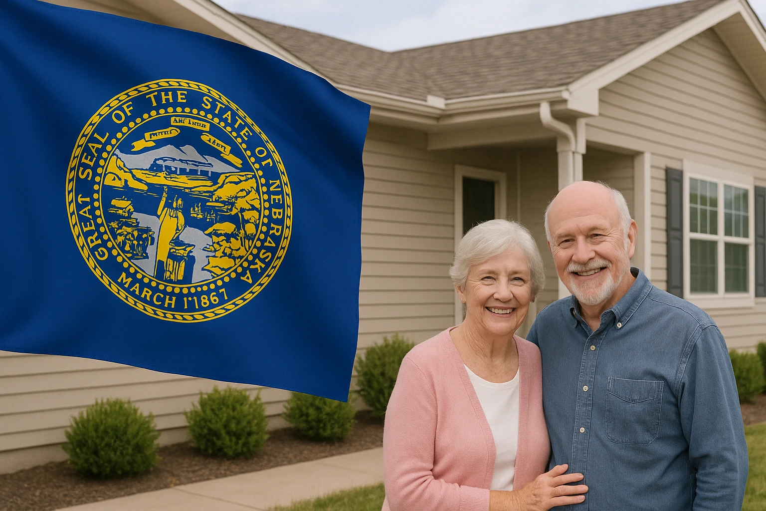 Smiling older white couple standing in front of a beige suburban house with the Nebraska state flag beside them.