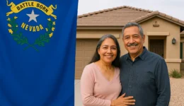 Smiling older Hispanic couple standing in front of a beige stucco Nevada home with the Nevada state flag beside them.