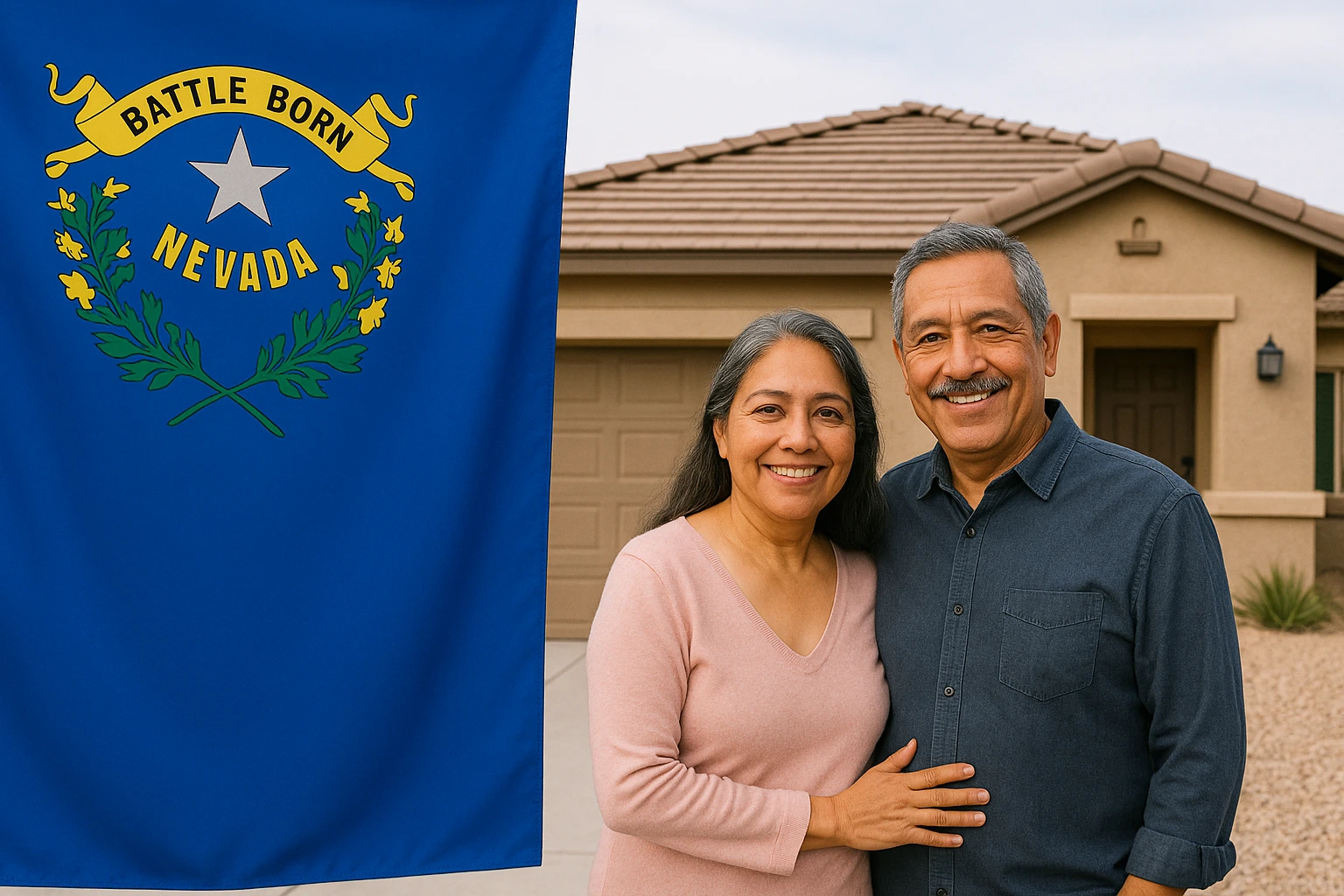 Smiling older Hispanic couple standing in front of a beige stucco Nevada home with the Nevada state flag beside them.
