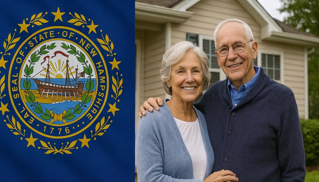 Smiling older couple standing in front of a beige house with the New Hampshire state flag beside them.