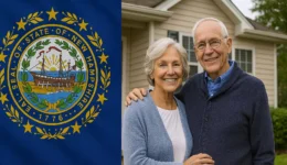 Smiling older couple standing in front of a beige house with the New Hampshire state flag beside them.