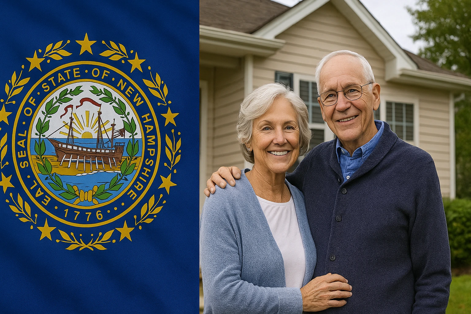 Smiling older couple standing in front of a beige house with the New Hampshire state flag beside them.