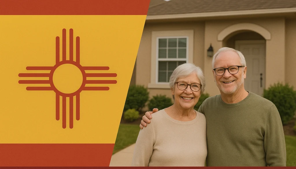 Smiling senior couple in front of their New Mexico home beside a graphic panel in state flag colors.