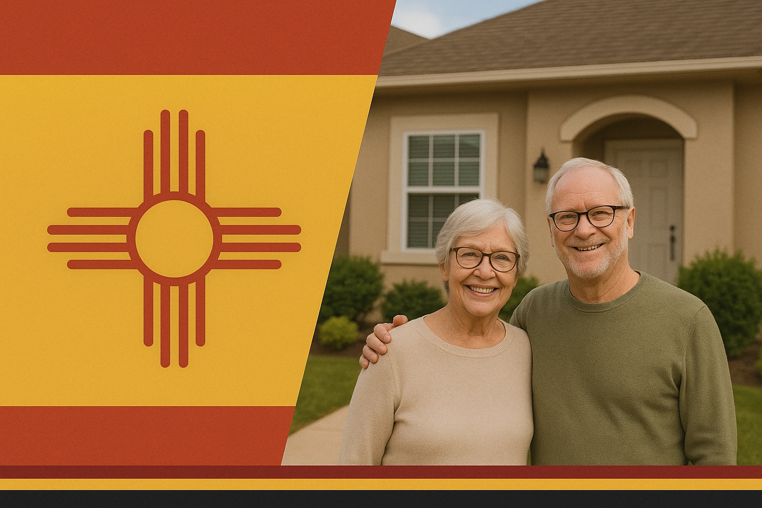 Smiling senior couple in front of their New Mexico home beside a graphic panel in state flag colors.