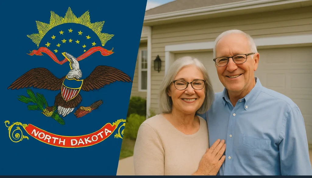 Elderly couple smiling in front of their suburban North Dakota home beside a graphic of the state flag.