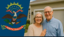 Elderly couple smiling in front of their suburban North Dakota home beside a graphic of the state flag.