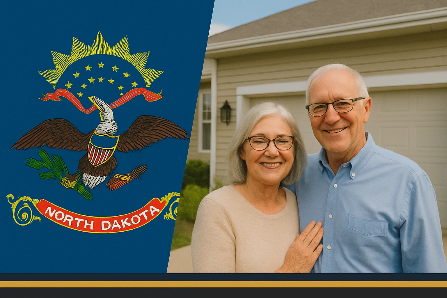 Elderly couple smiling in front of their suburban North Dakota home beside a graphic of the state flag.