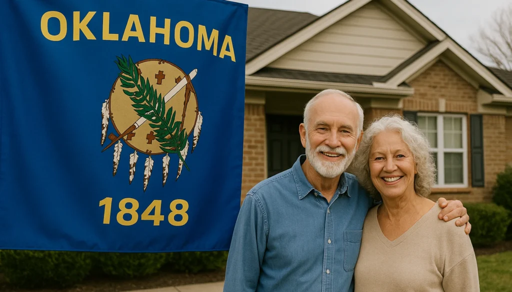 Smiling older couple standing in front of a brick house with the Oklahoma state flag beside them.