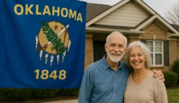 Smiling older couple standing in front of a brick house with the Oklahoma state flag beside them.