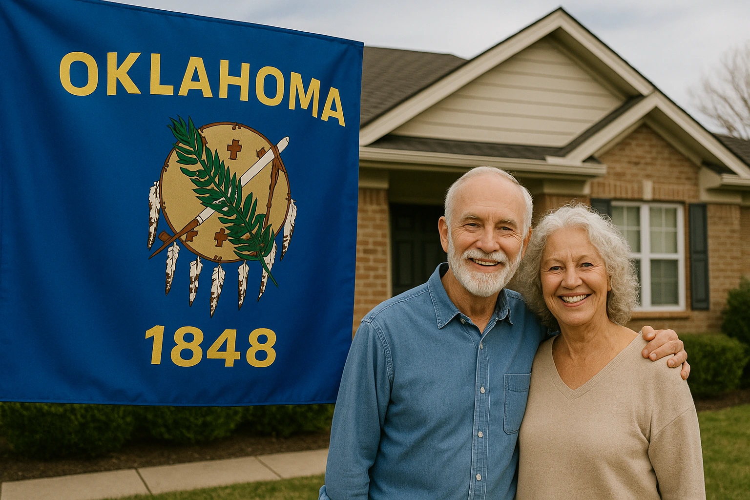 Smiling older couple standing in front of a brick house with the Oklahoma state flag beside them.