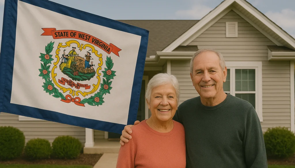 Smiling elderly couple standing in front of a beige single-story house with the West Virginia state flag displayed beside them.