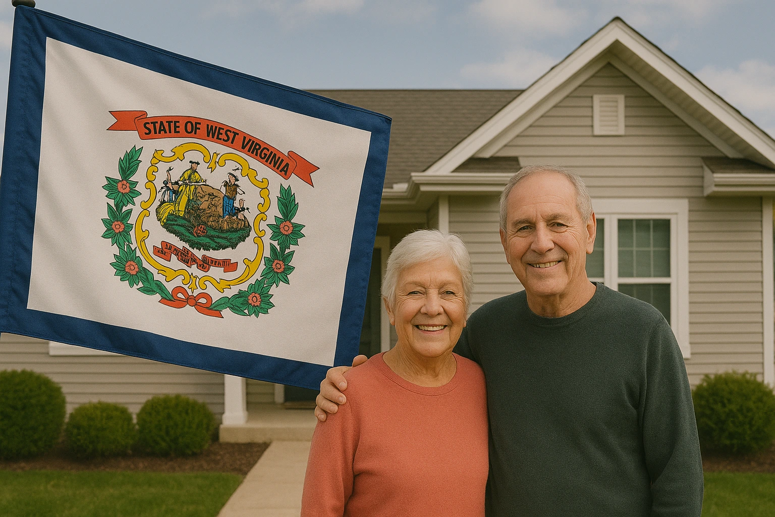 Smiling elderly couple standing in front of a beige single-story house with the West Virginia state flag displayed beside them.