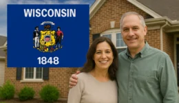 Smiling middle-aged couple standing in front of a brick suburban house with the Wisconsin state flag displayed beside them.