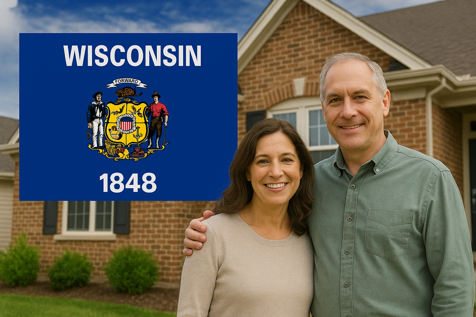 Smiling middle-aged couple standing in front of a brick suburban house with the Wisconsin state flag displayed beside them.