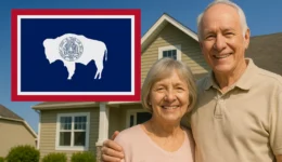 Smiling senior couple standing in front of a suburban house with the Wyoming state flag displayed on the left.