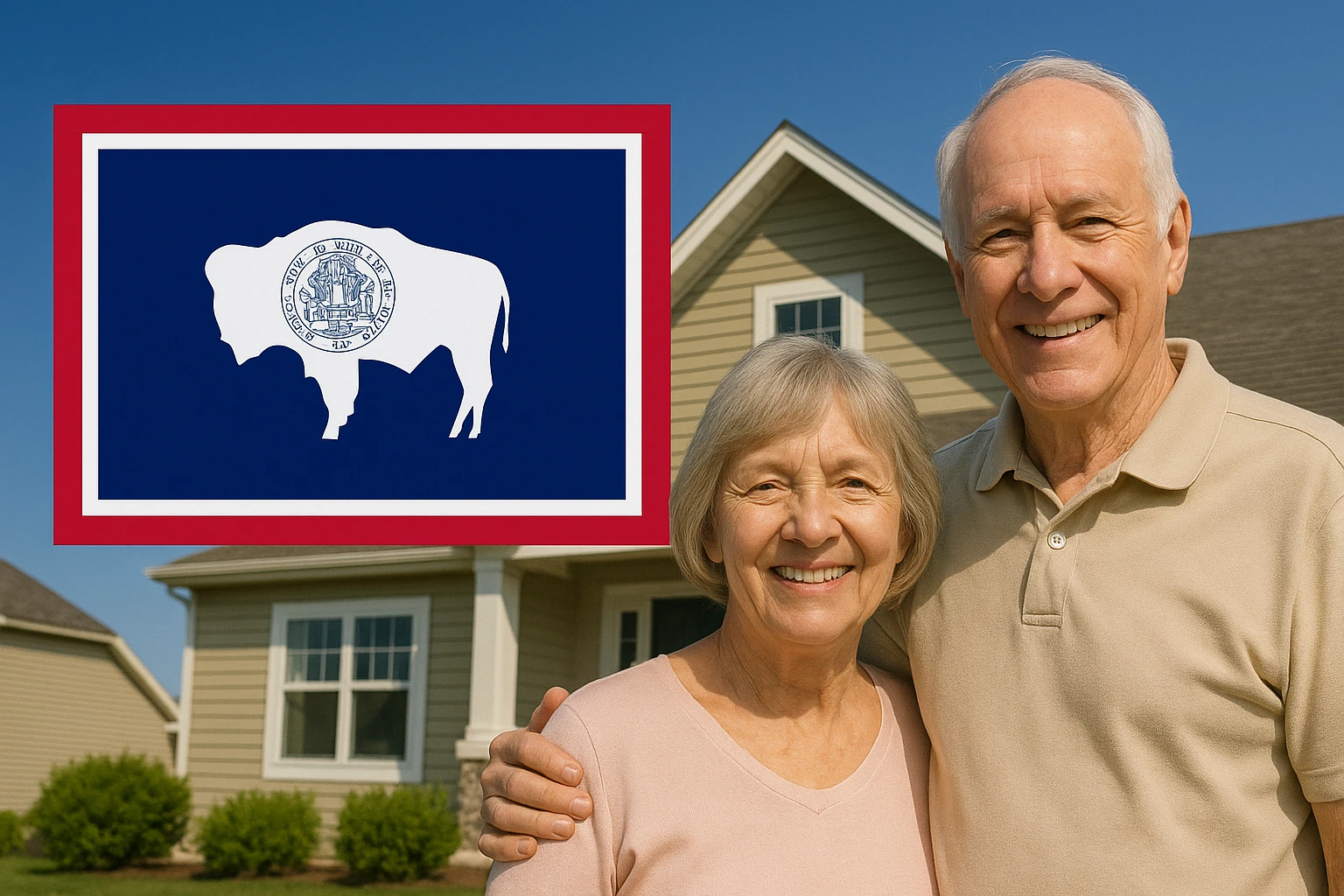 Smiling senior couple standing in front of a suburban house with the Wyoming state flag displayed on the left.