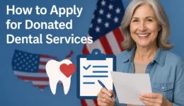 Smiling senior woman holding paperwork in front of American flags, alongside dental icons and a clipboard illustration representing how to apply for donated dental services.