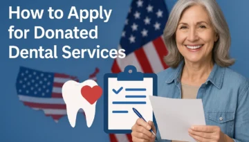 Smiling senior woman holding paperwork in front of American flags, alongside dental icons and a clipboard illustration representing how to apply for donated dental services.