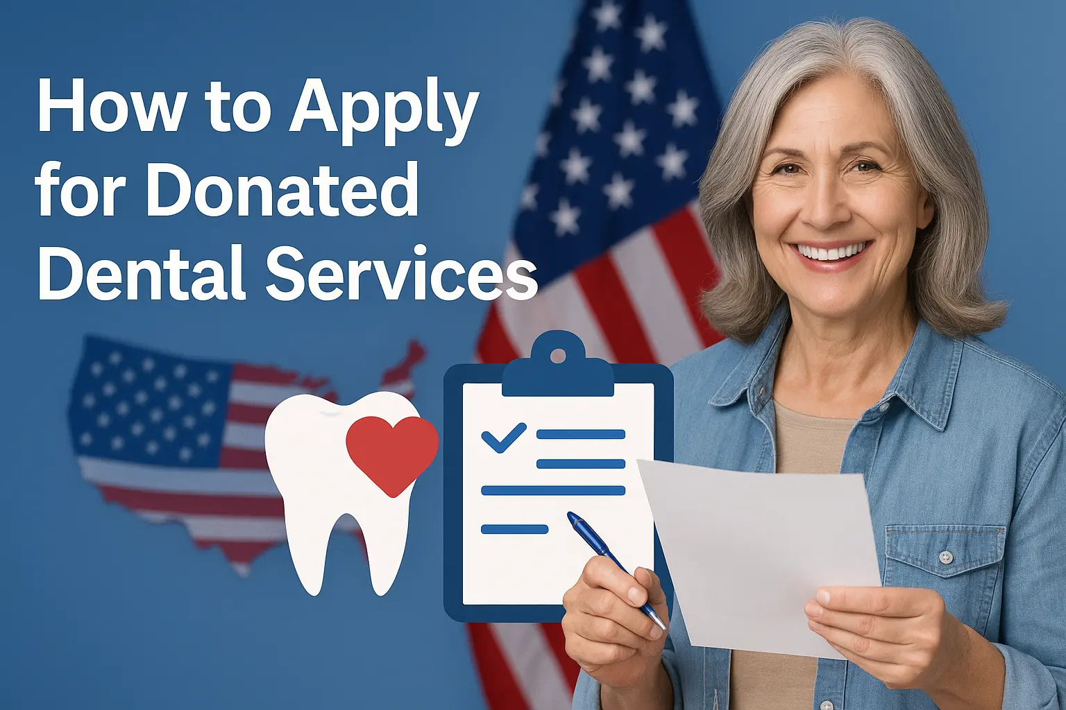 Smiling senior woman holding paperwork in front of American flags, alongside dental icons and a clipboard illustration representing how to apply for donated dental services.