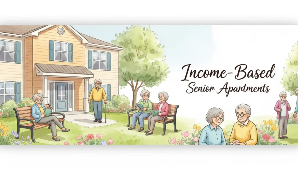 A soft watercolor illustration of a charming two-story senior living apartment building with a lush green lawn. Several happy senior citizens are relaxing outdoorssitting on park benches readingand strolling through a vibrant flower garden. The text "Income-Based Senior Apartments" is written in elegant script on the right side.